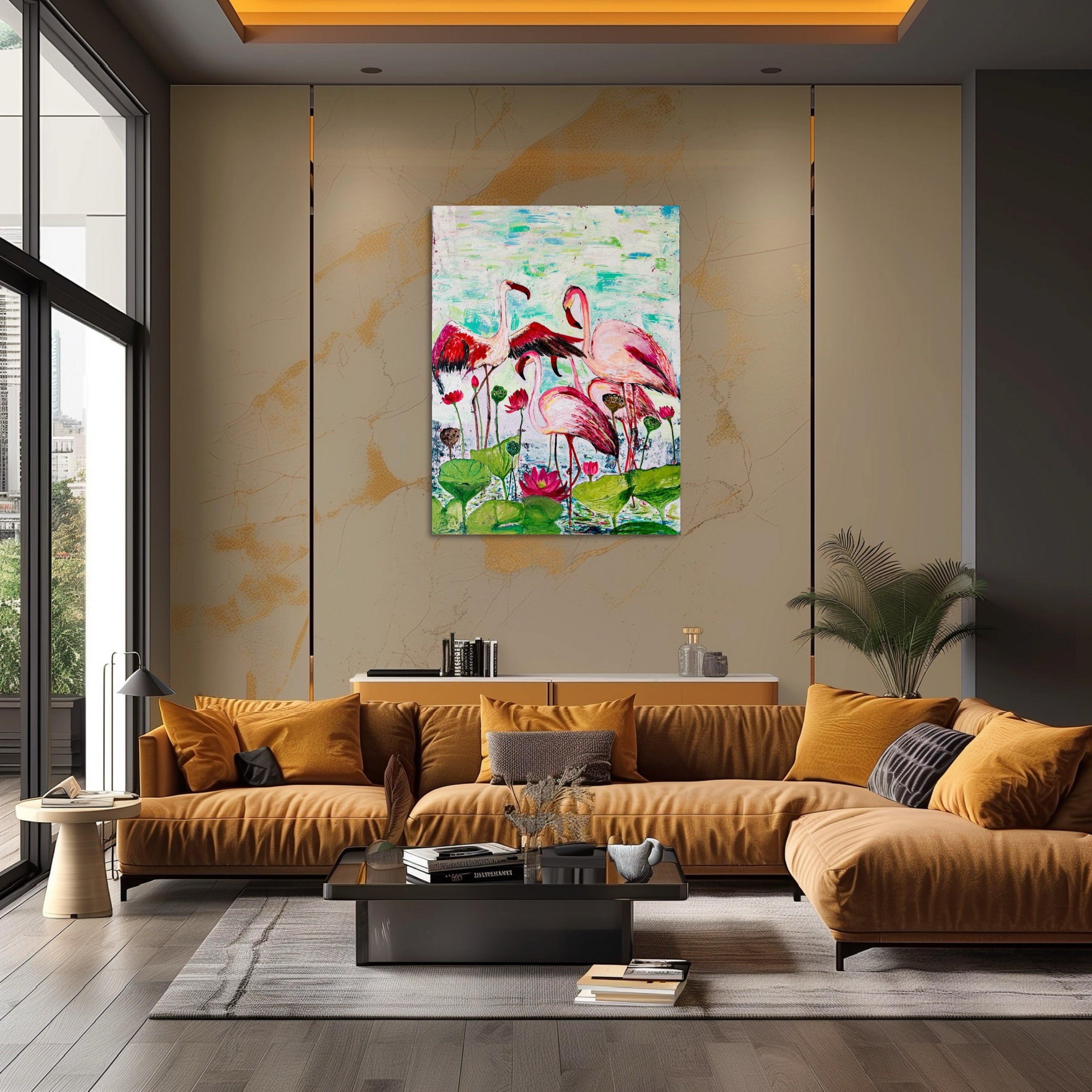 Flamingo Serenity – Lotus Pond Elegance, original painting