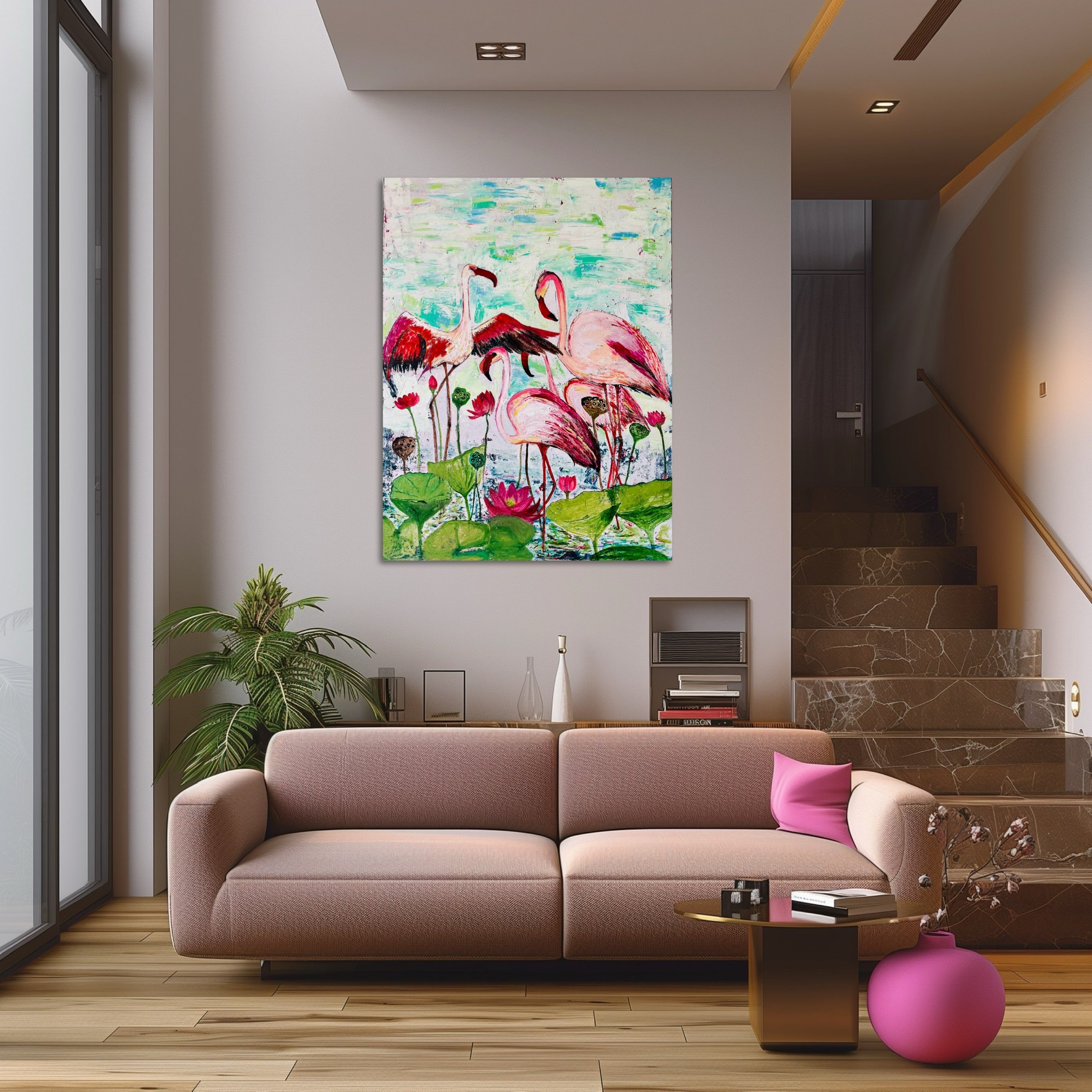 Flamingo Serenity – Lotus Pond Elegance, original painting