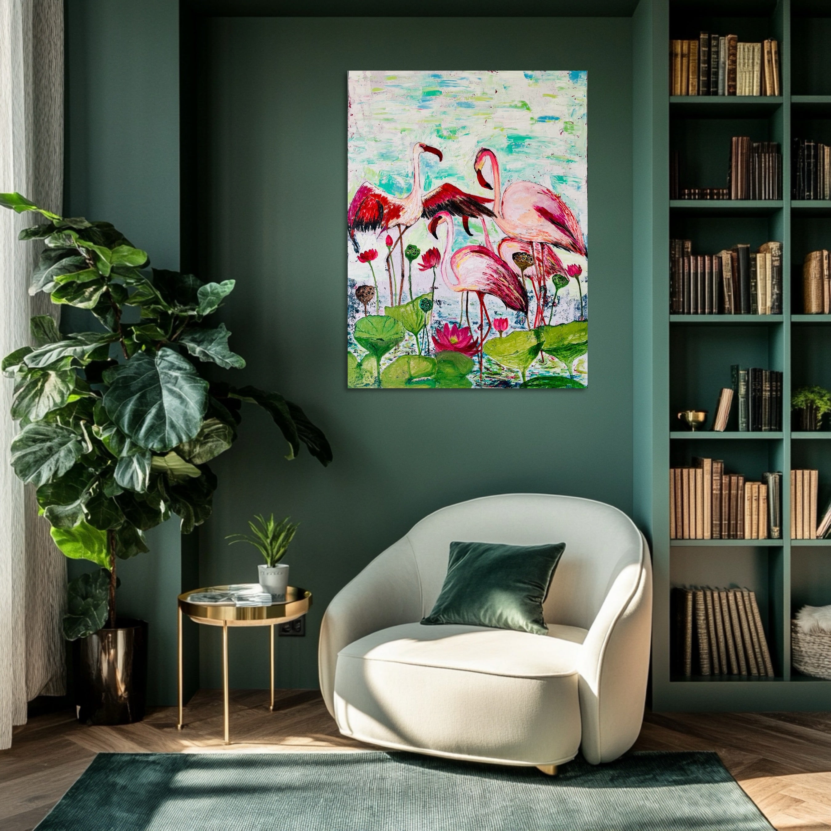 Flamingo Serenity – Lotus Pond Elegance, original painting