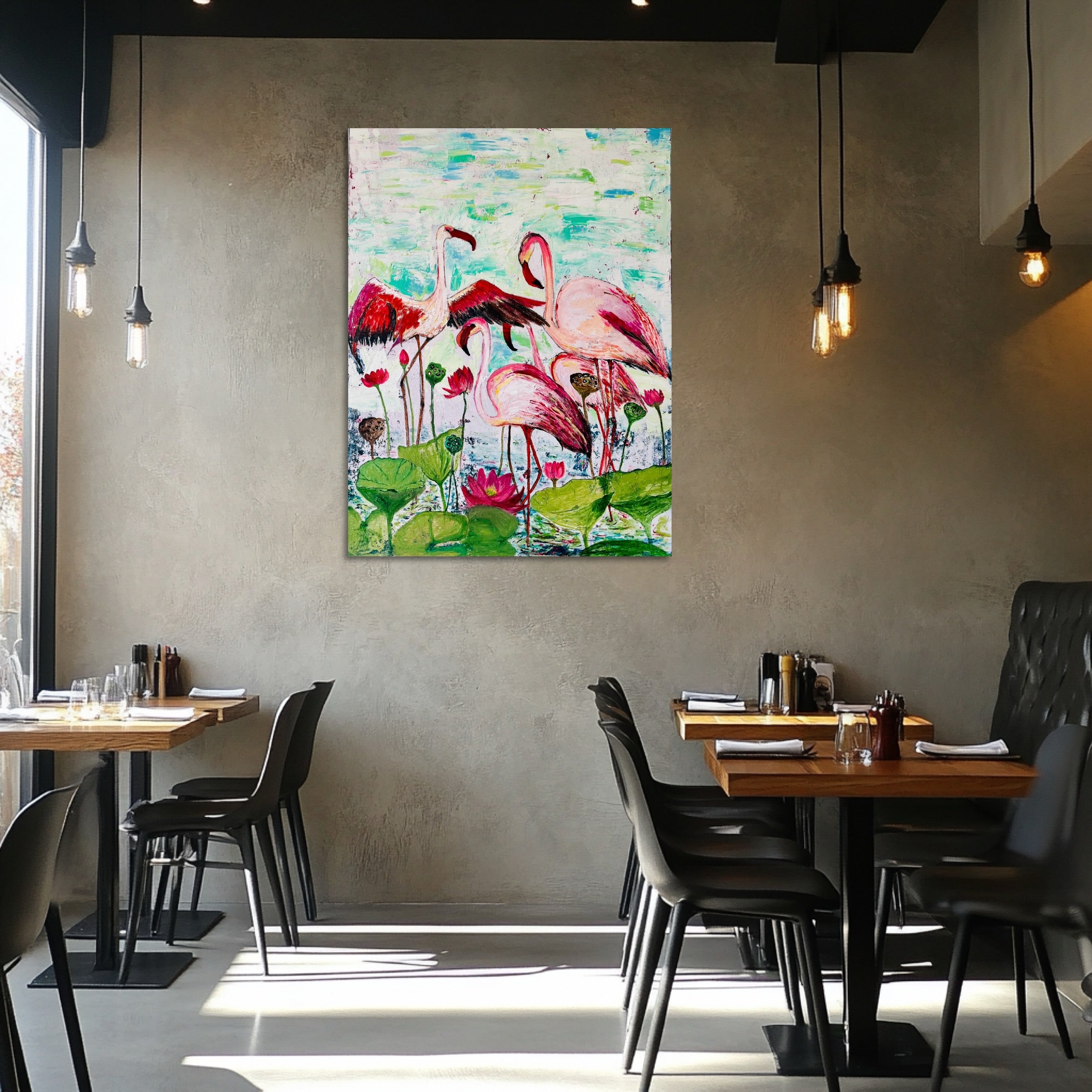 Flamingo Serenity – Lotus Pond Elegance, original painting