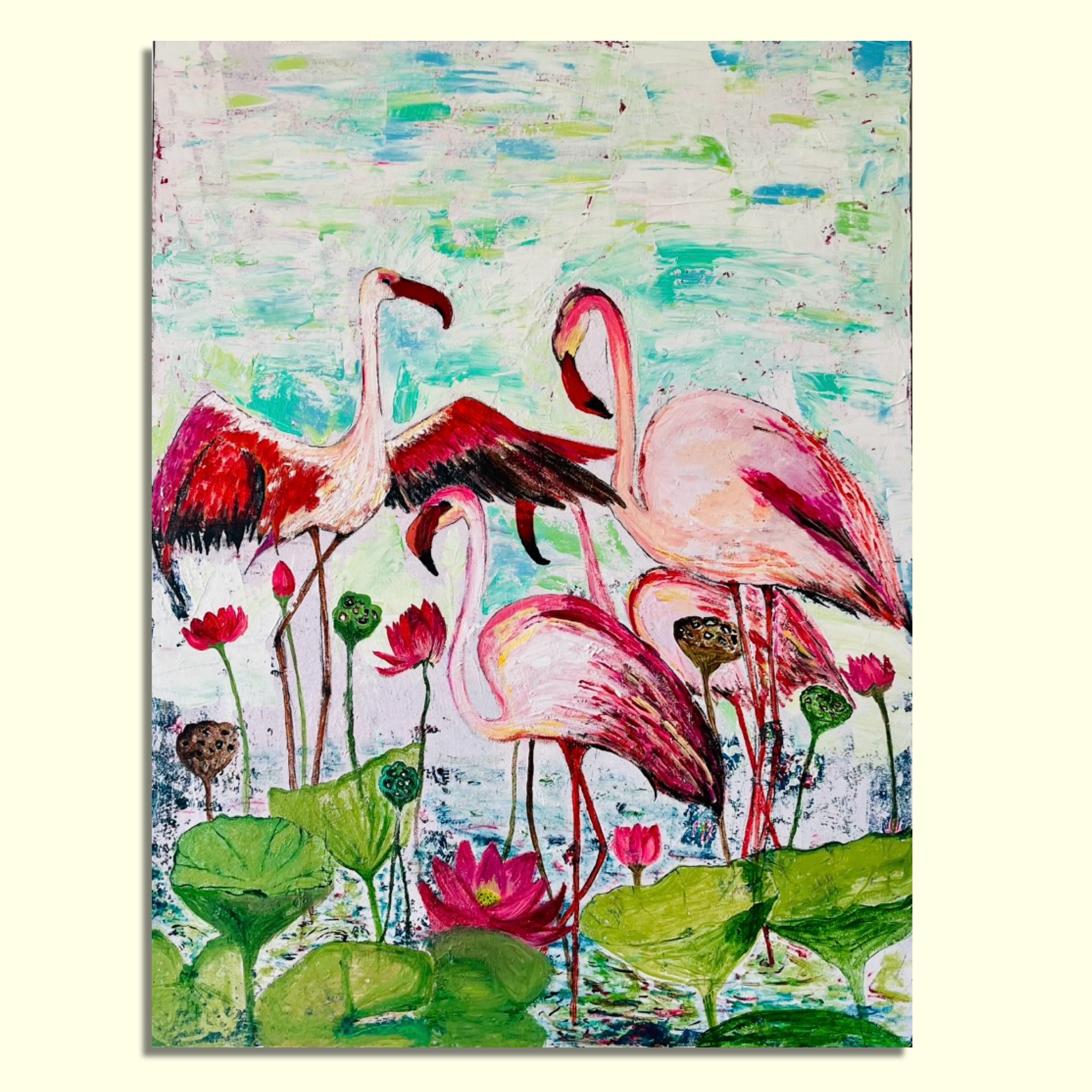 Flamingo Serenity – Lotus Pond Elegance, original painting