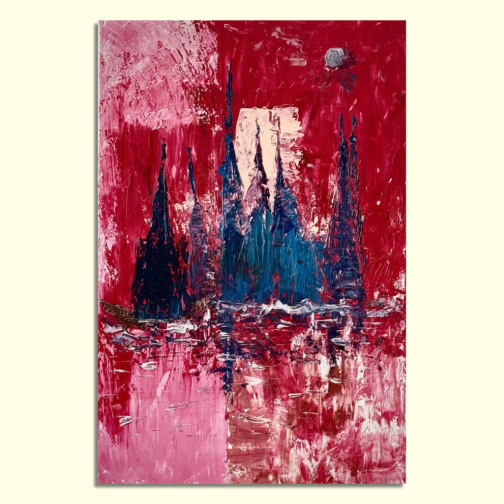 Crimson Reflections – Abstract Cityscape Symphony, original acrylic textured painting