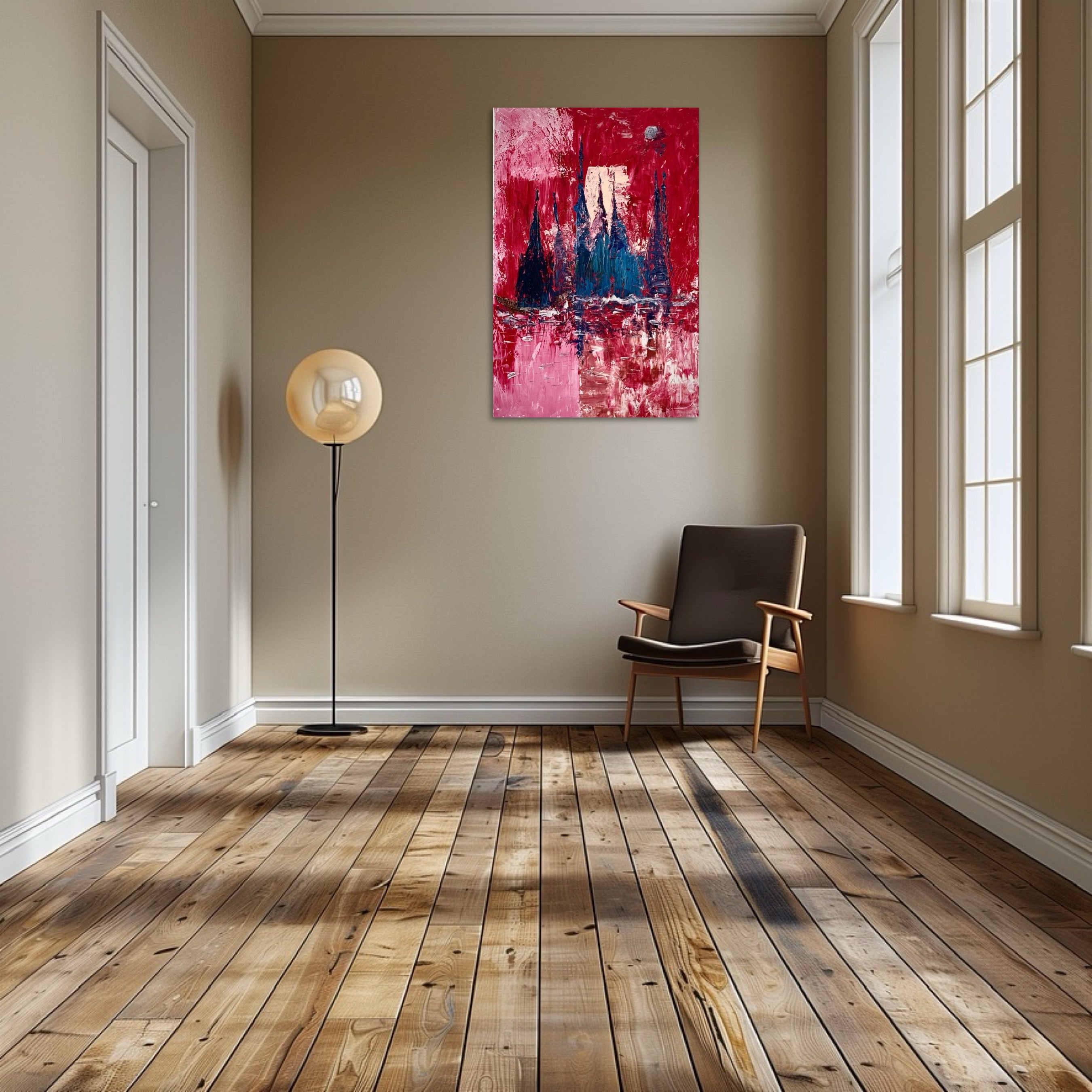 Crimson Reflections – Abstract Cityscape Symphony, original acrylic textured painting