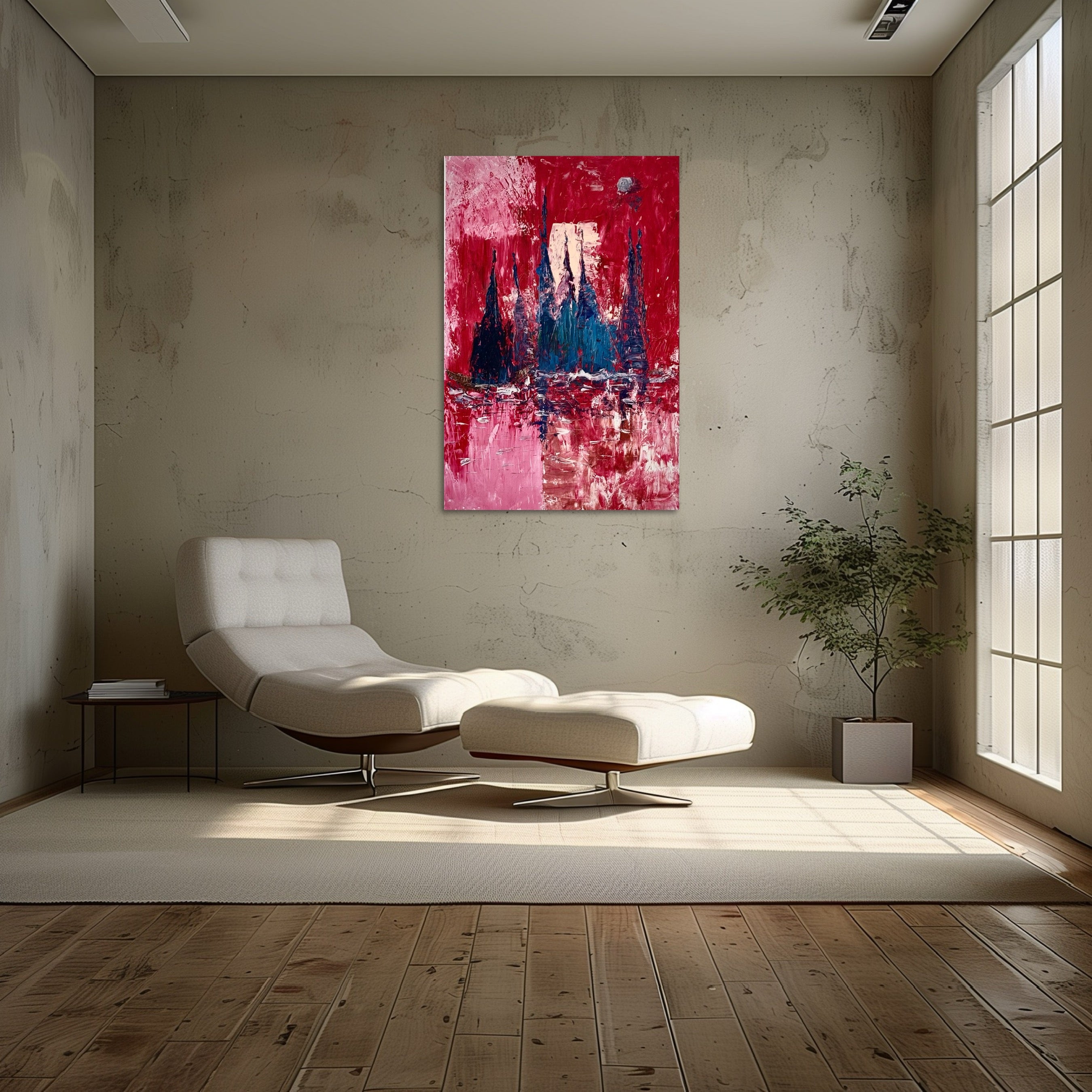 Crimson Reflections – Abstract Cityscape Symphony, original acrylic textured painting
